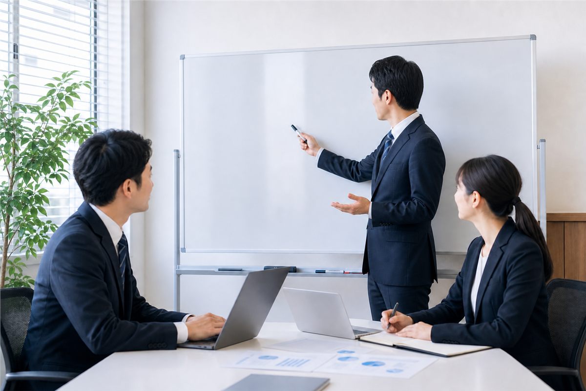 ホワイトボードを使った技術研修の様子